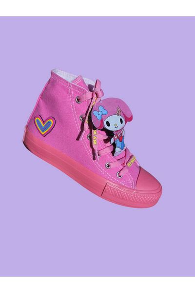 LİASSHOES Pink Linen Melody Pink Sole Lace Detail Side Light Children's Sneakers Sneakers