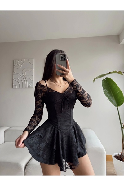 Zoom Butik Dantel Kol Ön Büzgülü Elbise - SİYAH