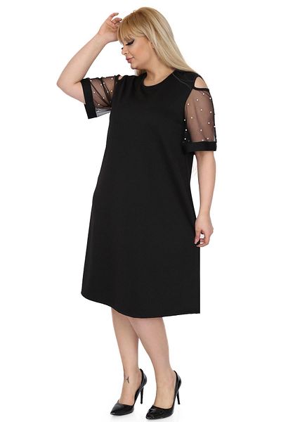 modayız Black Sleeve Pearl Plus Size Dress 9c-0515