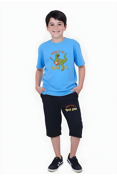 FYK COLLECTİON Set de capri pentru băiat cu imprimeu Rockstar Dinozaur cu buzunar dublu