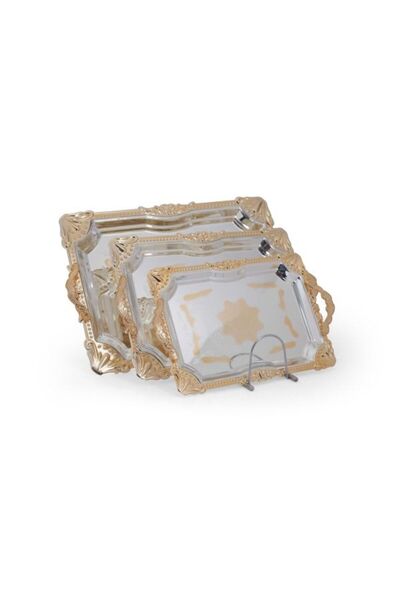 Alsaif Gallery Saif Gallery Stainless Steel Serving Tray Set, Gold Rims, 3 Pi...