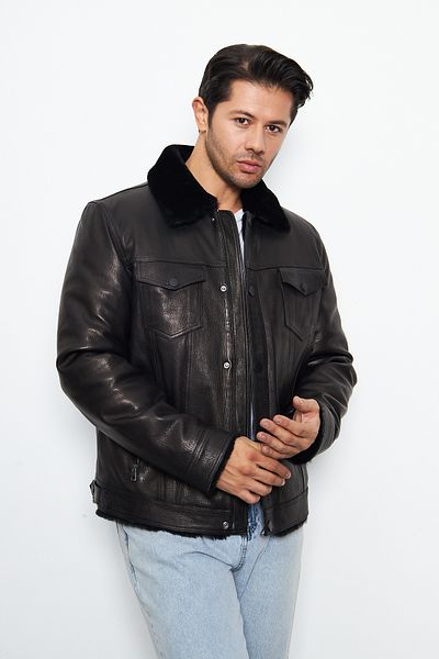 By Marki Marki Men's Genuine Leather Jacket - Fur Inside, Zipper, Fit Cut, Pocket Detail