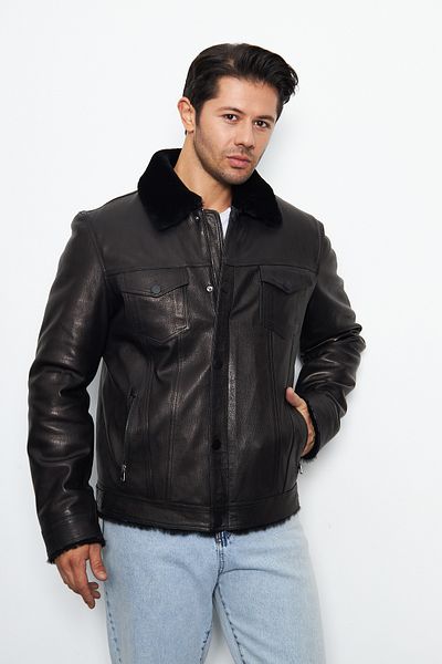 By Marki Marki Men's Genuine Leather Jacket - Fur Inside, Zipper, Fit Cut, Pocket Detail