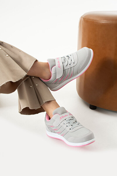 BOUIS Çocuk Buz Pembe Bağcıklı Tek Cırtlı Esnek Hafif Nefes Alabilen Unisex Fileli Sneaker Spor Ayakkabı