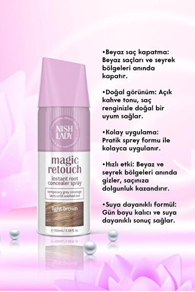 NISHLADY Hair Magic Retouch / Beyaz Saçlar Için Kapatıcı Saç Spreyi Ve Seyrek Kapatıcı Açık Kahve 100 ml