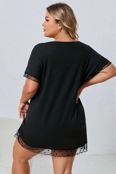 SiaLess Lingerie Black Lace Detail V-Neck Low-Cut Large Size Mini Nightgown