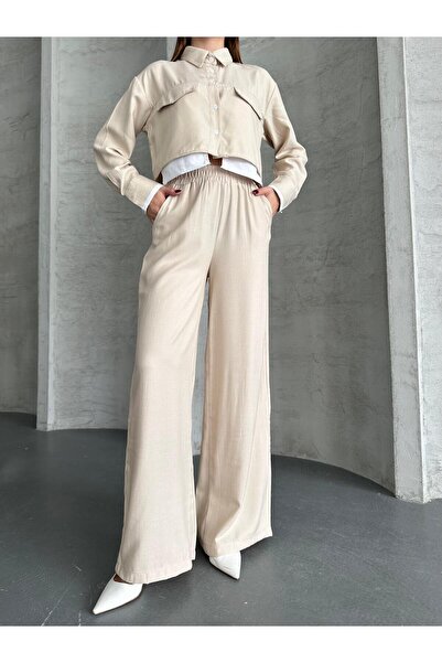 VOLT CLOTHİNG Women's Pocket Detailed Wide Leg Crop Shirt Set