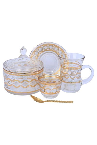 Max Glass tea and coffee serving set, 26 pieces, golden pattern - transparent