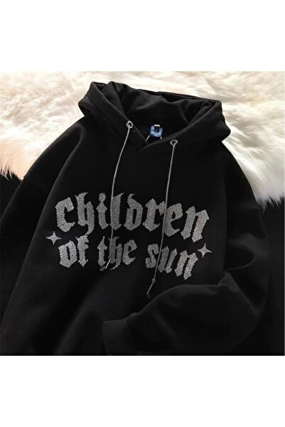 Violon Siyah Children Of The Sun Parıltılı Taş Baskılı Oversize Unisex Sweatshirt