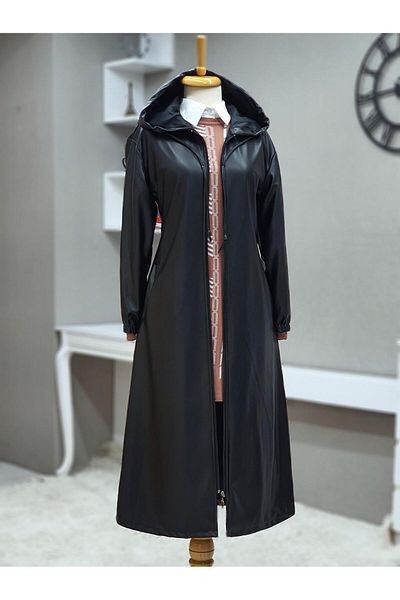 MACMODA Black Leather Cap - Hooded, Zippered and Elastic Sleeves