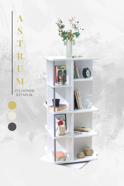 Creo Mobili Astrum Kitaplık, Çocuk Odası İçin Döner Kitaplık, 4 Katlı 16 Raflı Kitaplık - Modüler Tasarım, Beyaz