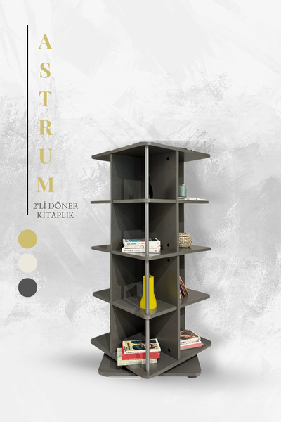 Creo Mobili Astrum Home Ofis Kitaplığı, 16 Raflı 4 Katlı Döner Raflı - Modern Tasarım, Antrasit