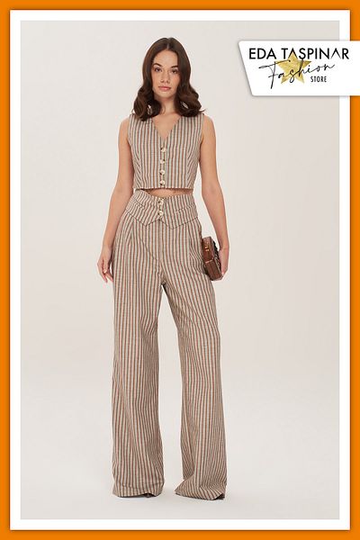 Eda Taşpınar Palazzo Vest and Striped Pants Set - Cut Out Detail, Teks-00059