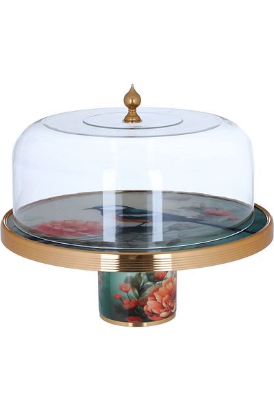 Alsaif Gallery Cake Stand Porcelain, Al Seif Gallery, Round, Bird Engraving, with Transparent Lid - Multi-color