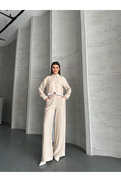 VOLT CLOTHİNG Women's Pocket Detailed Wide Leg Crop Shirt Set