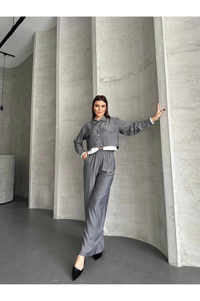 VOLT CLOTHİNG Women's Pocket Detailed Wide Leg Crop Shirt Set