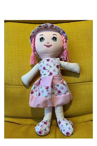 Nostalji Kutusu Pink Haired Patterned Girl Toy Dressed Cloth Doll Sleeping Companion 50 cm Gift Birthday Gift