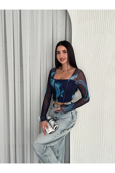 HAKKE Квадратна яка Тюл Crop BLUZ