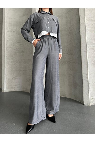 VOLT CLOTHİNG Women's Pocket Detailed Wide Leg Crop Shirt Set