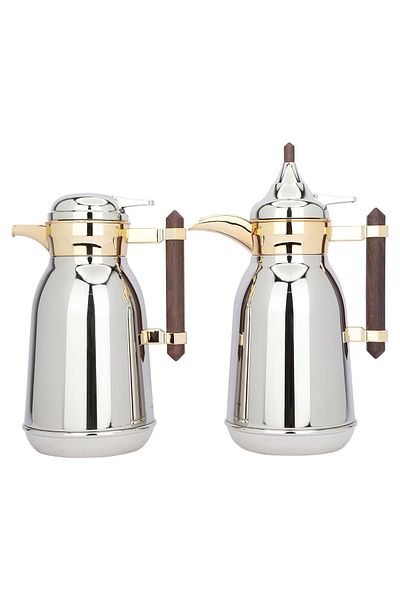 Alsaif Gallery Saif Gallery Shahd steel thermos set, 1+1 liter, wooden handle, gilded, two pieces - silver