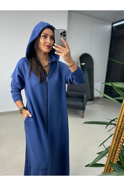 caddstore Dr 8137 Rochie modal cu glugă cu fermoar albastru