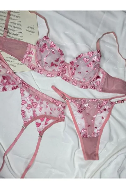 ROZENİN LINGERIE Pink Heart Set of 3 Lace Bralet Set