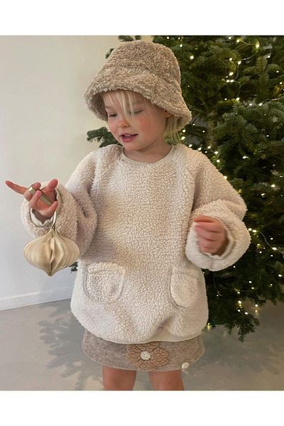 minibambi Ecru Girl's Sweatshirt - Plush Button Detail and Pocket