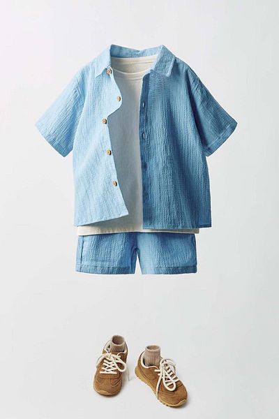 minibambi Set de 3 piese cămașă, tricou și pantaloni scurți cu textura albastră de sezon nou
