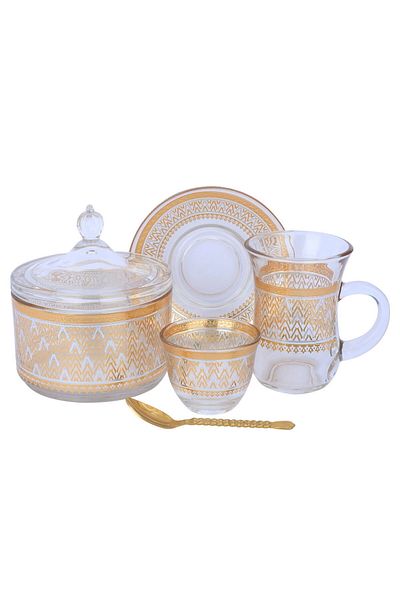 Alsaif Gallery Max 26-piece glass tea and coffee set with gold and silver pattern