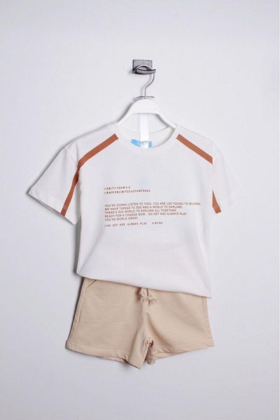 minibambi Boy's Ecru Crew Neck Printed Cotton Suit