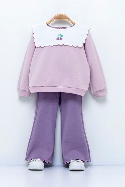 minibambi Lilac Cherry Patterned Girl's Embroidered Suit