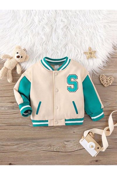 minibambi Unisex Letter Απλικέ Αντίθεση Γραμμή Λεπτομερής College Bomber Παιδικό Μπουφάν Κρέμα