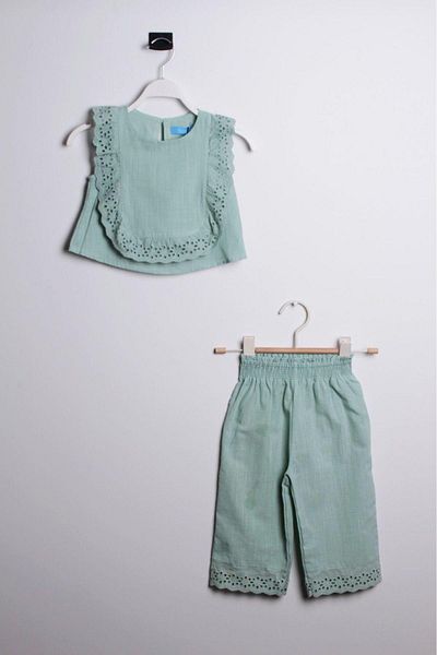 minibambi Girl's Green Linen Set - Bottom and Top Set