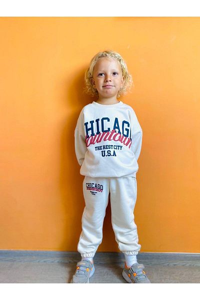 bubukidsbaby Boy's Cotton Sweatshirt and Sweatpants Set - Printed, No Raster, Cream