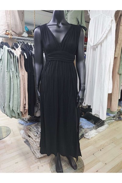 Sosyete Kaplumbağa Muslin Cotton, Large Belt, Shoulder Drawstring Detail, Deep Slit Dress