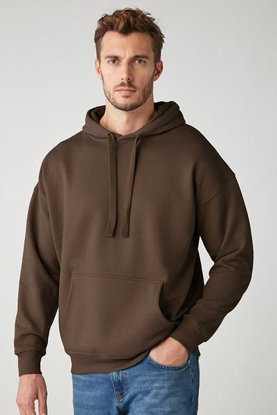 GRIMELANGE Steve Men's Soft Light Fabric Corded Oversize Hooded Kangaroo Pocket Brown Sweatshirt