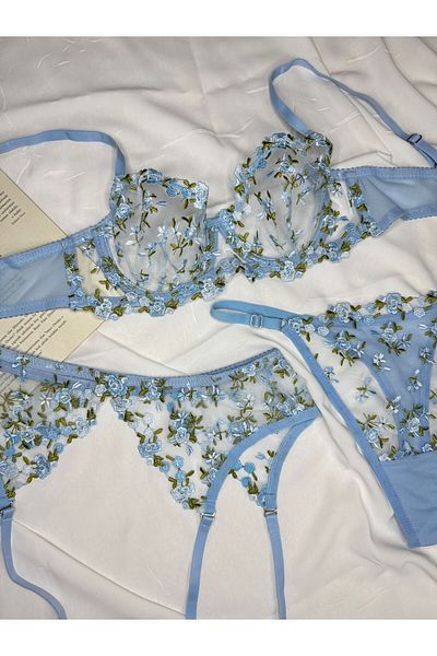 ROZENİN LINGERIE Set de 3 braletă din dantelă cu jartieră florală albastră