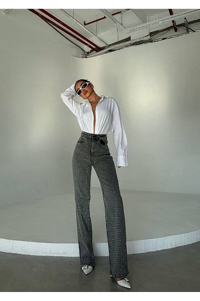 Diviny Rhinestone High Waist Palazzo Cut Jeans