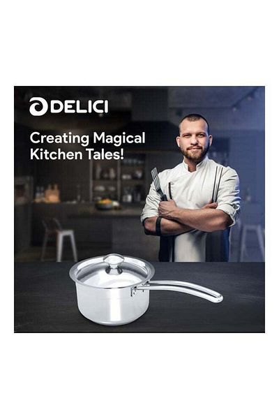 DELICI Stainless Steel Sauce Pan 16cm ,304 Grade , Heavy Base Sandwitch Bottom ,Strong & Durable