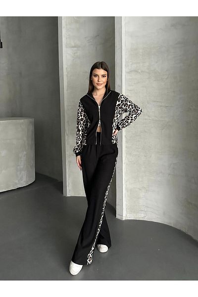 VOLT CLOTHİNG Women's Leopard Print Zipper Detailed Wide Leg Trousers Set