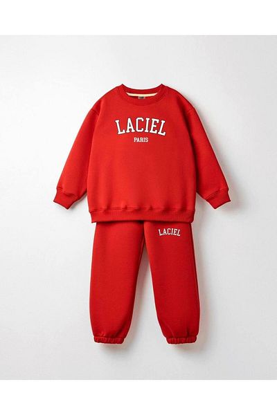 minibambi Paris Red Tracksuit Set for Girls - Crew Neck, Laci'El