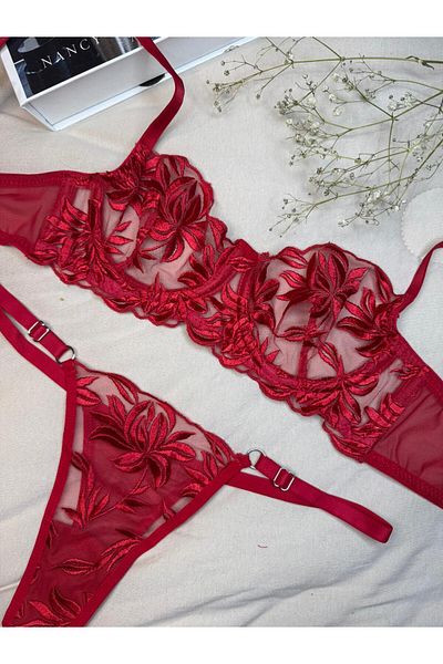 ROZENİN LINGERIE Red Floral Lace Transparent Cupless Tulle Bra Set (Bra Thong)