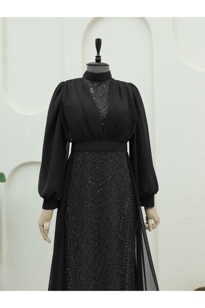 Modamorfo Βραδινό φόρεμα σιφόν με λεπτομέρεια με χάντρες και παγιέτες - Μαύρο