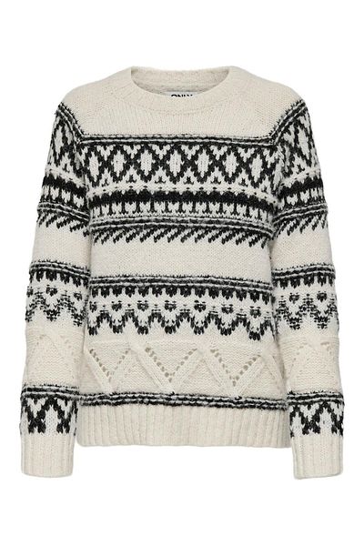 ONLY Women's Ecru Knitted Sweater - Crew Neck, Long Sleeve, Print 15327644