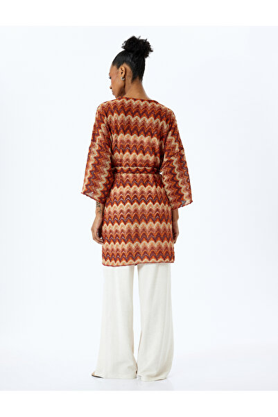 Koton Long Wide Sleeve Belt Patterned Long Kimono