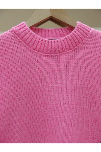 Modamorfo Pink Loose Knitwear Sweater - Crew Neck, Ribbed Skirt