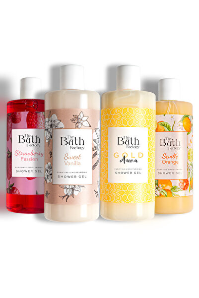 THE BATH FACTORY Duş Jeli Seti ( Gold Aura - Turunç - Vanilya - Çilek ) ( 4 X 400 Ml)