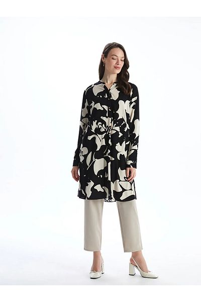 LC Waikiki Lcw Grace Women's Black Lapel Patterned Tunic
