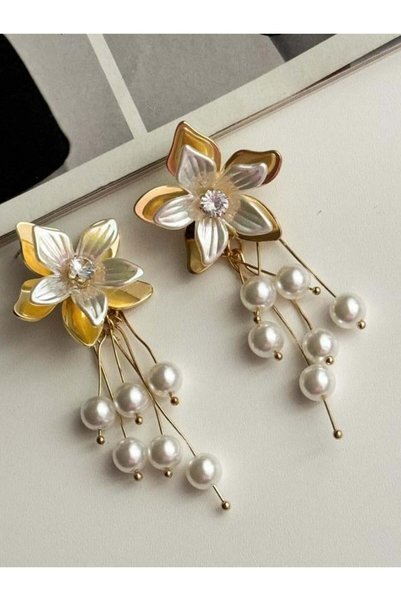 Koprinaco Zr Model İncili Çiçek Küpe (7.5 Cm)