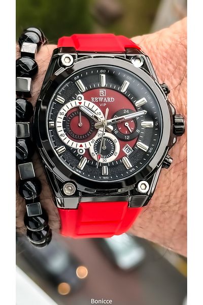 Reward Brand Red Silicone Band, Functions Active Men's Wrist Watch+Bracelet